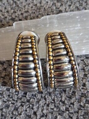 Vintage Two-Tone Ribbed Hoop Earrings - Silver & Gold